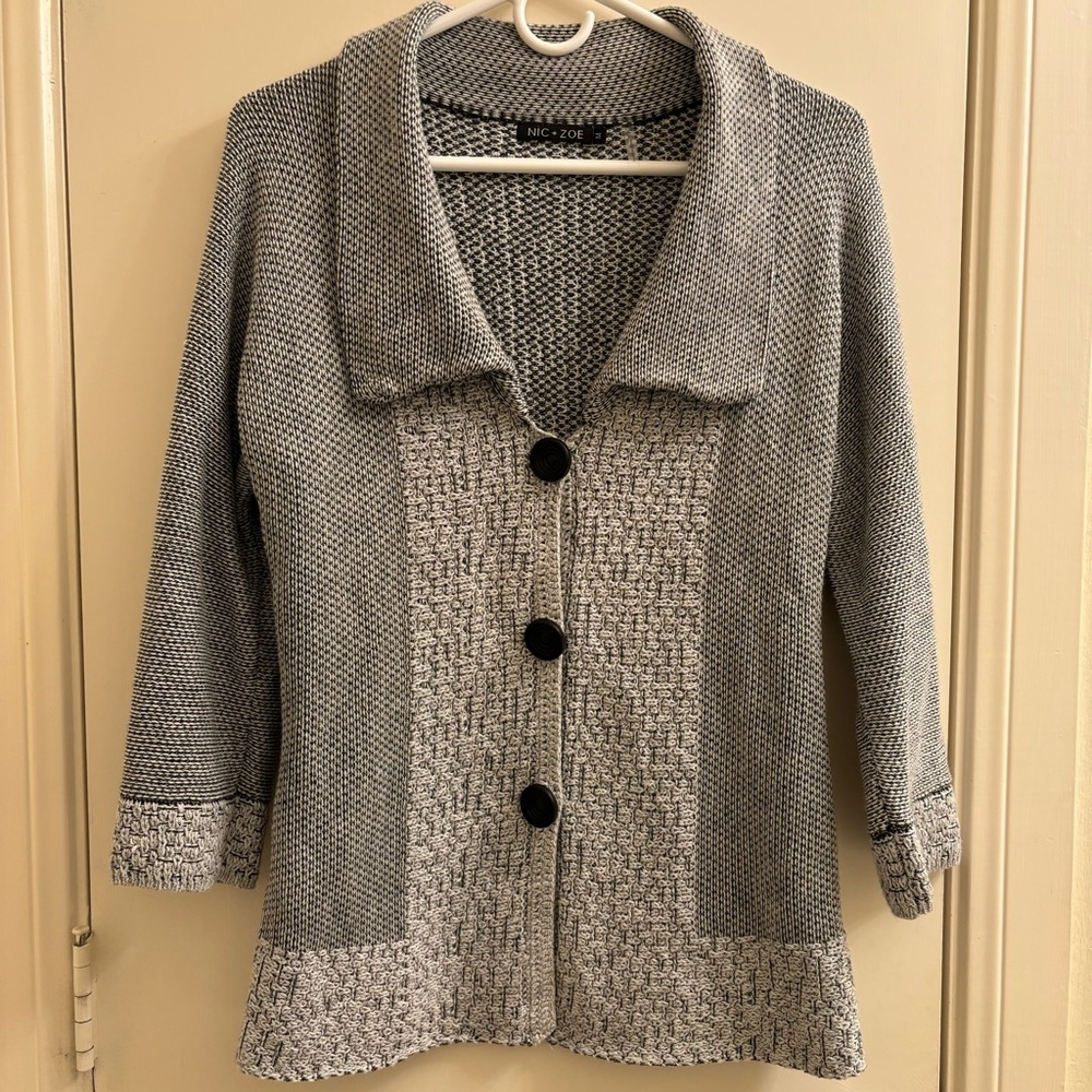 NIC + ZOE White Black Knit Cardigan Jacket Color Block Sweater Size M